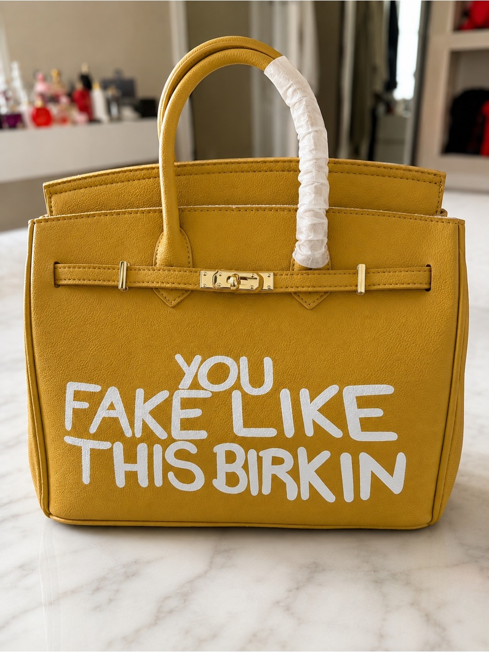 Yellow Statement Tote Bag with 'You Fake Like This Birkin' Graphic